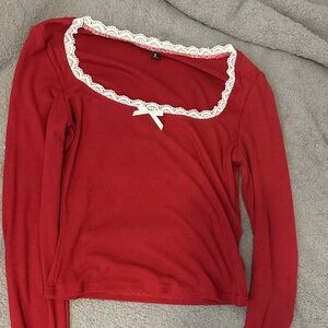 Elegant Red Lace Trim Women's Top